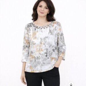 FALL FLORAL GRAY TAN WHITE BLOUSE XL PETITE